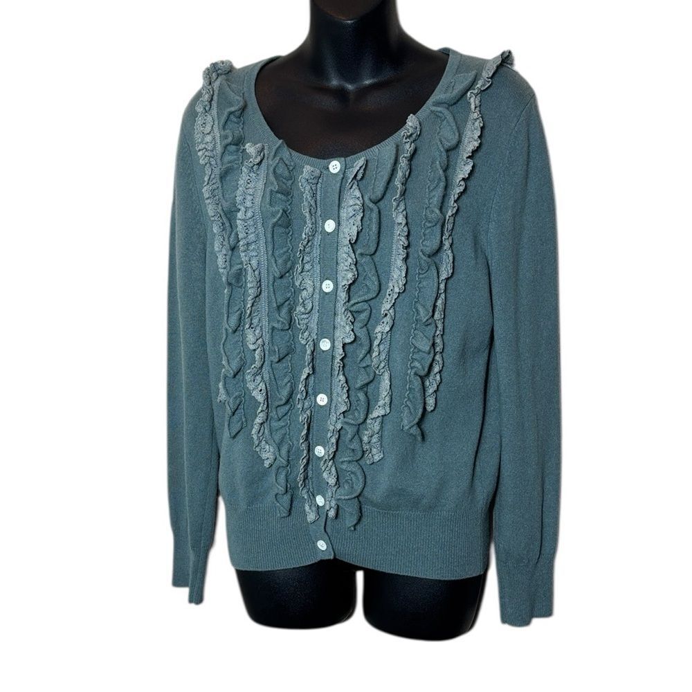 Allude women’s large 100%‎ cashmere ruffle front button blouse sweater capsule